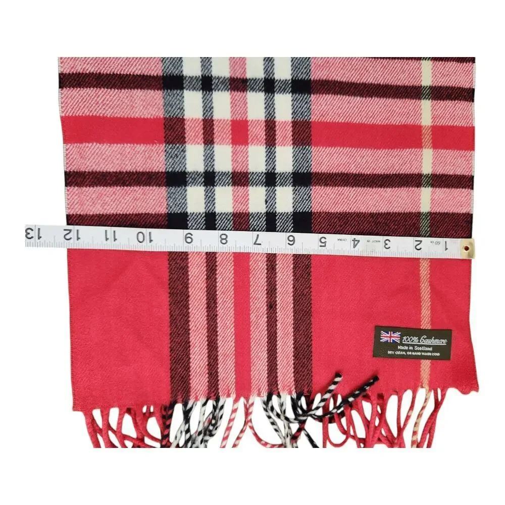 100% cashmere scarf red plaid made in Scotland‎ light weight like new fringe